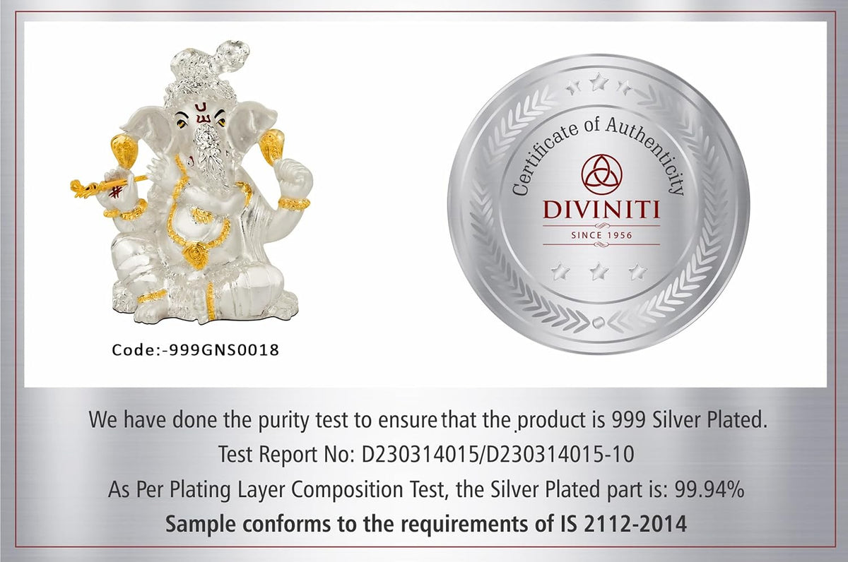 DIVINITI Ganesha Idol for Home Decor Showpiece|999 Silver Plated Statue of Ganesha |GaneshJi Murti for Puja Room, Festival Gift|Lord Ganesh Figurine for Peace & Positivity (11 X 6.5 CM)