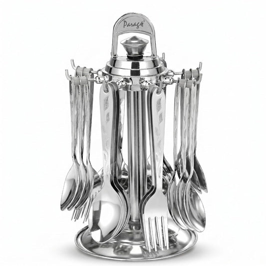 Parage 24 Pieces Lily Cutlery Set Stainless Steel with Stand (Contains 6 Dinner Spoons, 6 Tea Spoon, 6 Dinner Fork, 6 Soup Spoons, 1 Stand) Spoon Set for Dining Table Stylish, Mirror Polished