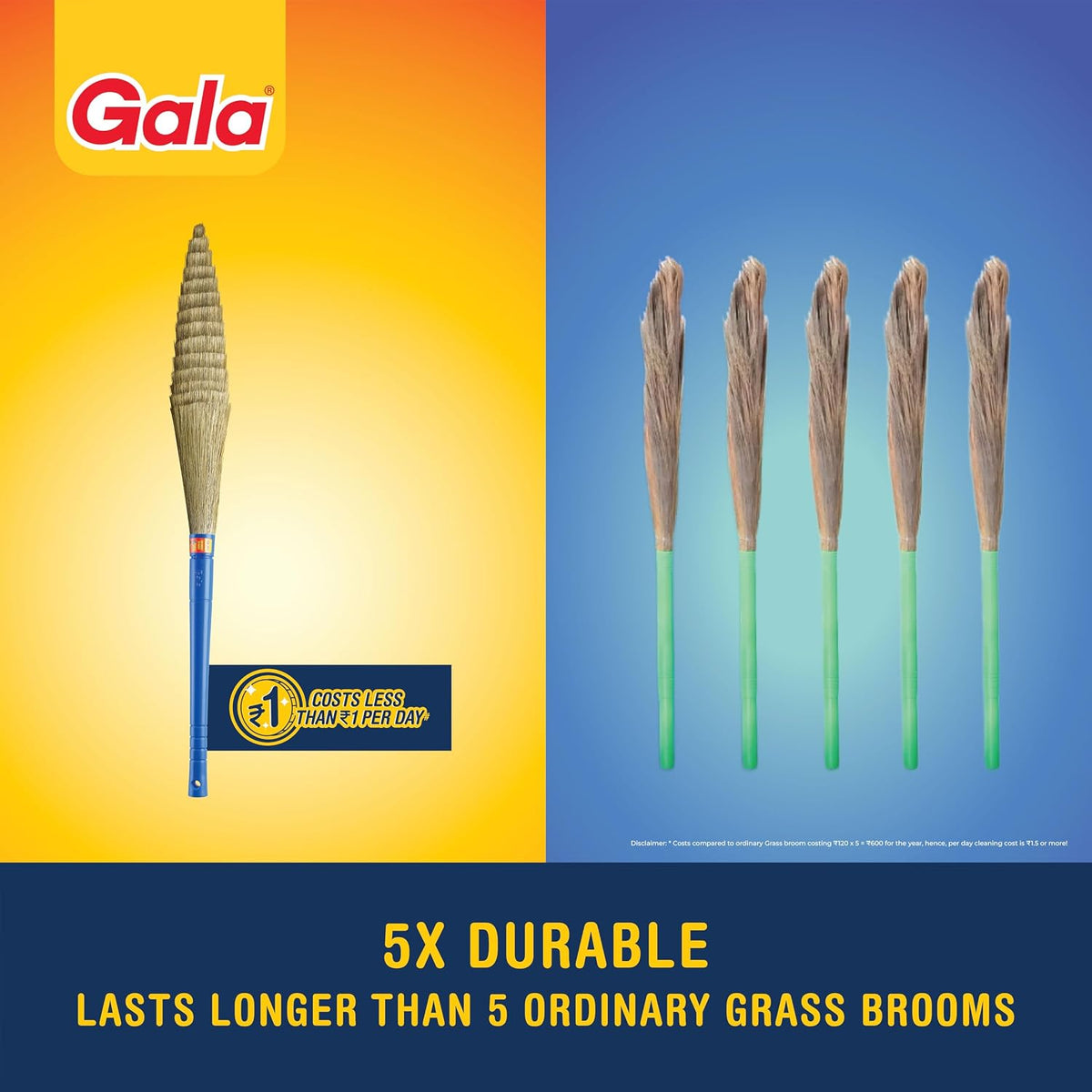 Gala No Dust Broom – India's No. 1 Jhadu | Long Handle for Floor, Corners & Cobwebs | No Back Strain | Traps Fine Dust & Hair | Detachable Handle