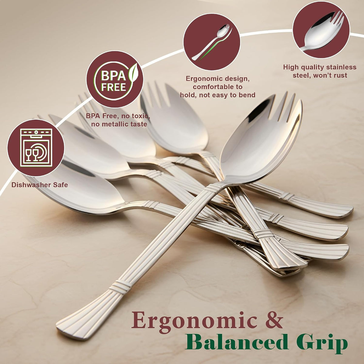 Parage 3-in-1 Stainless Steel 6 Pieces Spoon Fork Set | Spoon Cum Fork Set | Spork for Soups, Noodles| Set of 6| Length: 16 cm| Silver