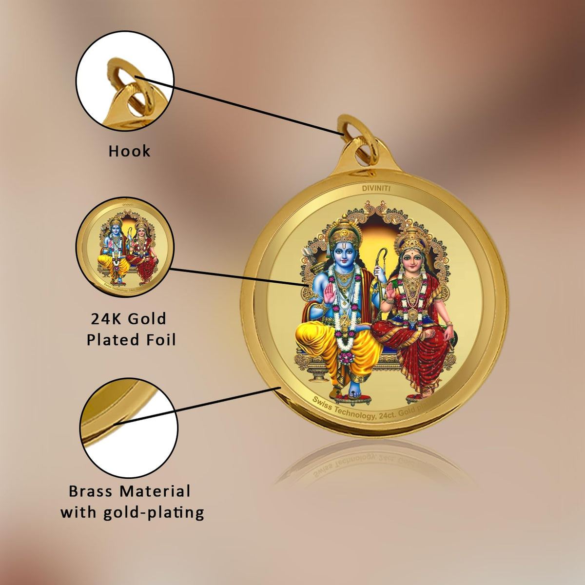 Diviniti 24K Gold Plated Ram Sita & Hanuman Ji Pendant For Men, Women & Kids 28 MM Double Sided Stylish Pendant Necklace For Girls Divine God Pendant For Birthday Gift, Anniversary Gift