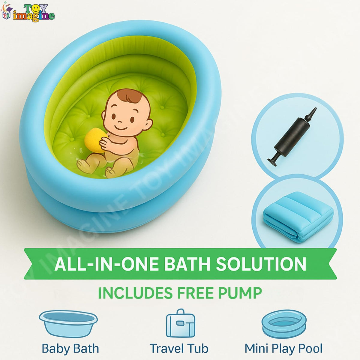 Toy Imagine 3 ft Inflatable Baby Bath Tub – Oval Foldable Swimming Pool for Kids, Boys & Girls | Indoor & Outdoor Use with Manual Hand Pump (86 × 64 × 23 cm, Blue)
