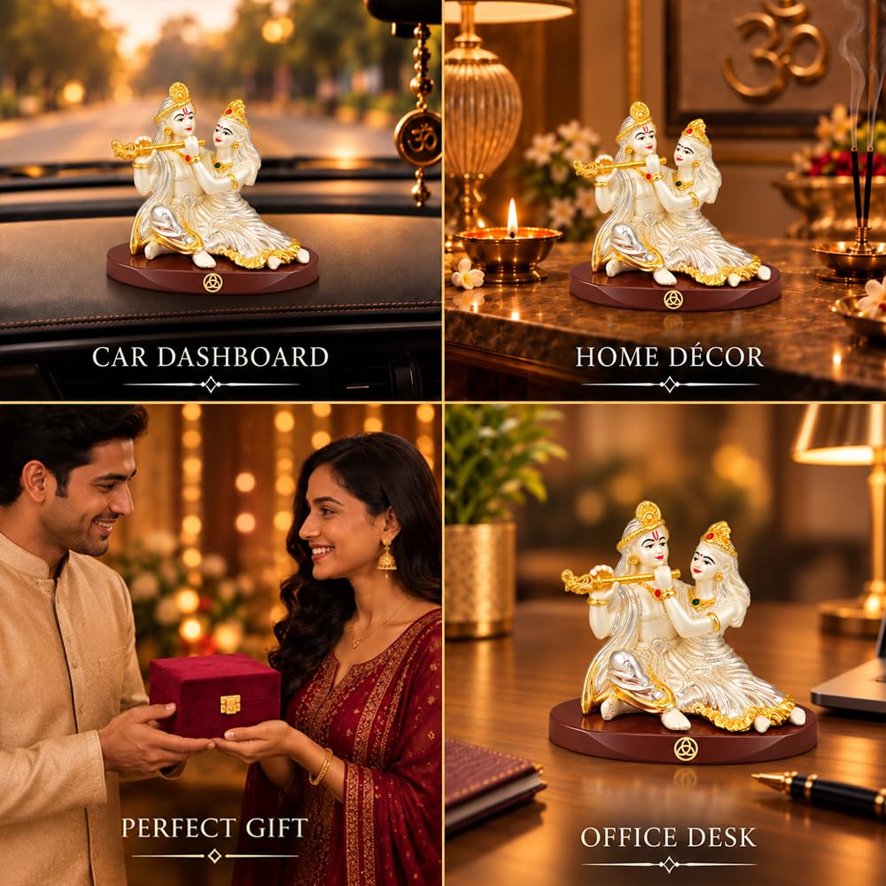 DIVINITI Premium Radha Krishna Idol with Silver-Tone Finish & Gold Accents | Decorative Radha Krishna Showpiece with Base & Premium Gift Box | Home, Office, Mandir & Gifting | 6 x 9 cm