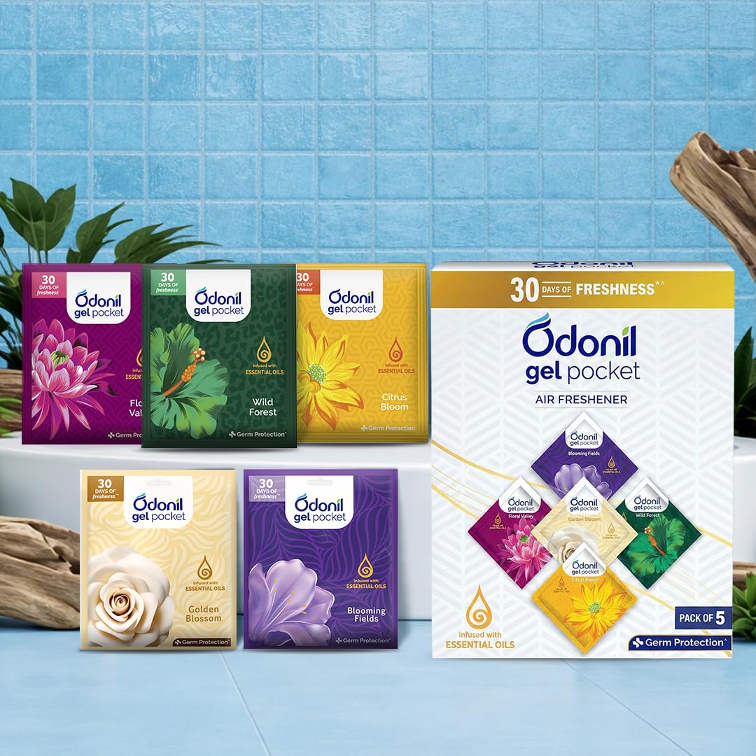 Odonil Gel Pocket – 50g (10g X5) | Pack of 5 Assorted Fragrances | Infused with Essential Oils | Germ Protection | Lasts Up to 30 Days | Air Freshener for Bathroom, Toilet, Home & Office.