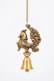 KridayKraft Decorative Peacock Design Hanging Bell for Home Decor, Antique Gold Finish Metal Door Hanging, Spiritual Wall Hanging for Living Room, Entrance & Temple - 35 cm Length