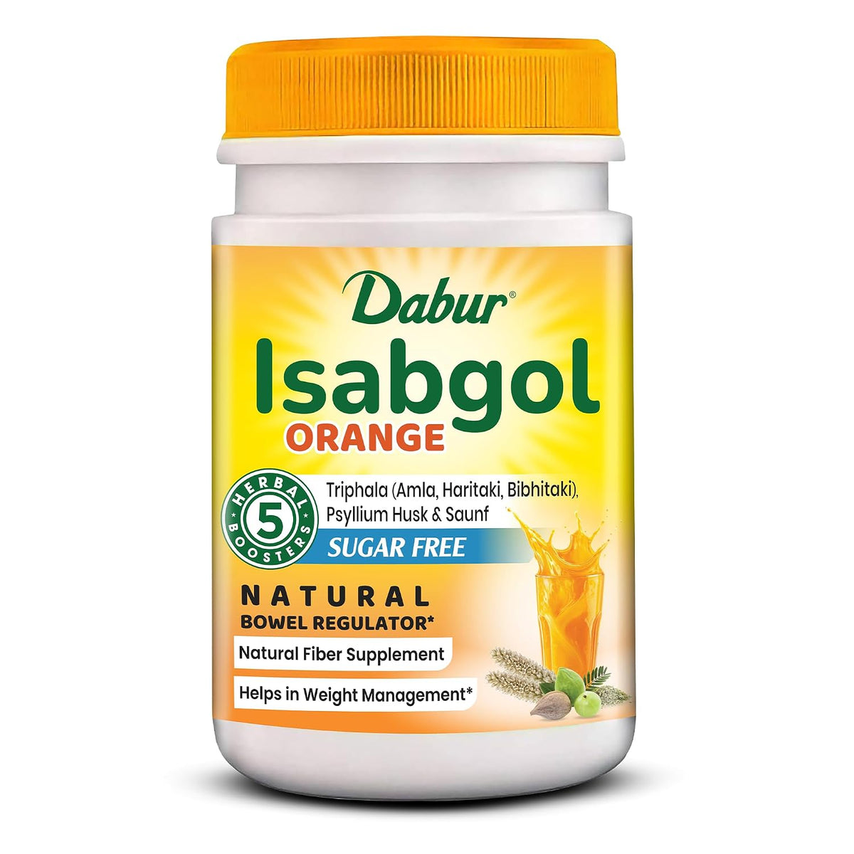 Dabur Orange Flavoured Isabgol with the Power of 5 Herbal Boosters — including Triphala, Saunf & Psyllium Husk — for Daily Bowel Regularity.