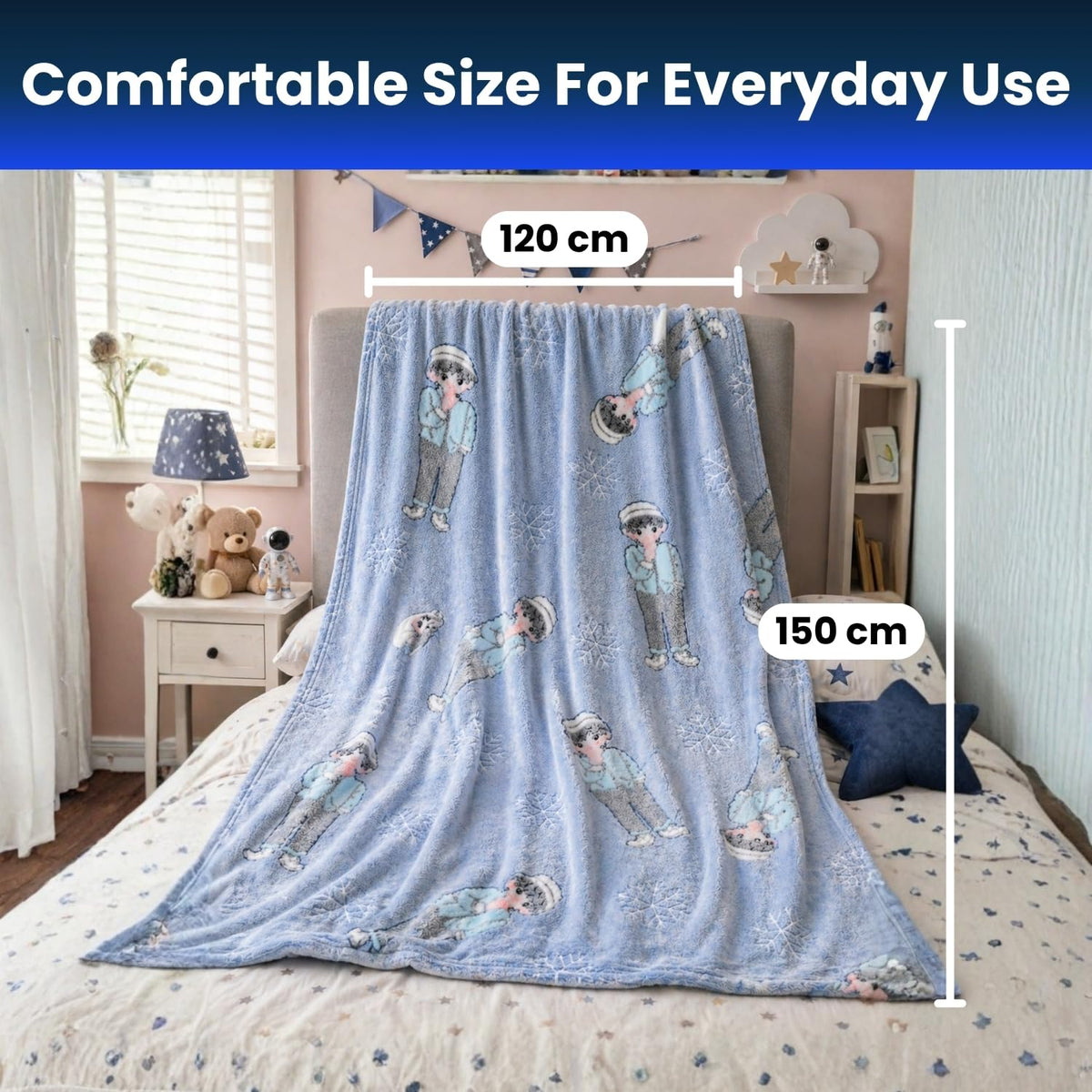 Toy Imagine Glow Blanket for Kids 3–10 Years 150 x 120 cm Glow in The Dark Blanket Soft Flannel Fleece Throw Soft Cozy Warm All Season Blankets for Boys and Girls Gift (Snow Boy Design Blue)
