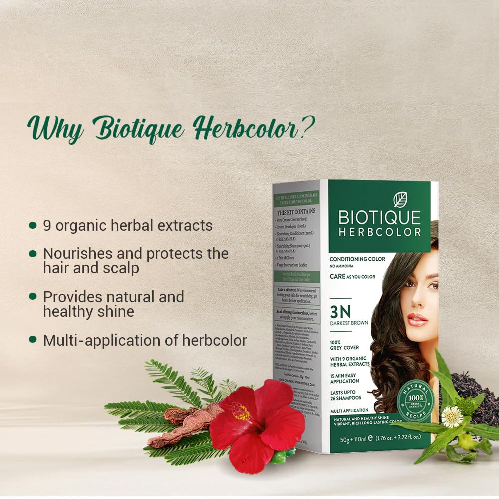 Biotique Herbcolor Conditioning Hair Colour l Ammonia Free Hair Color l 9 Organic Herbal Extracts l Natural and Healthy Shine l 50g + 110ml| Darkest Brown 3N (Pack of 1)