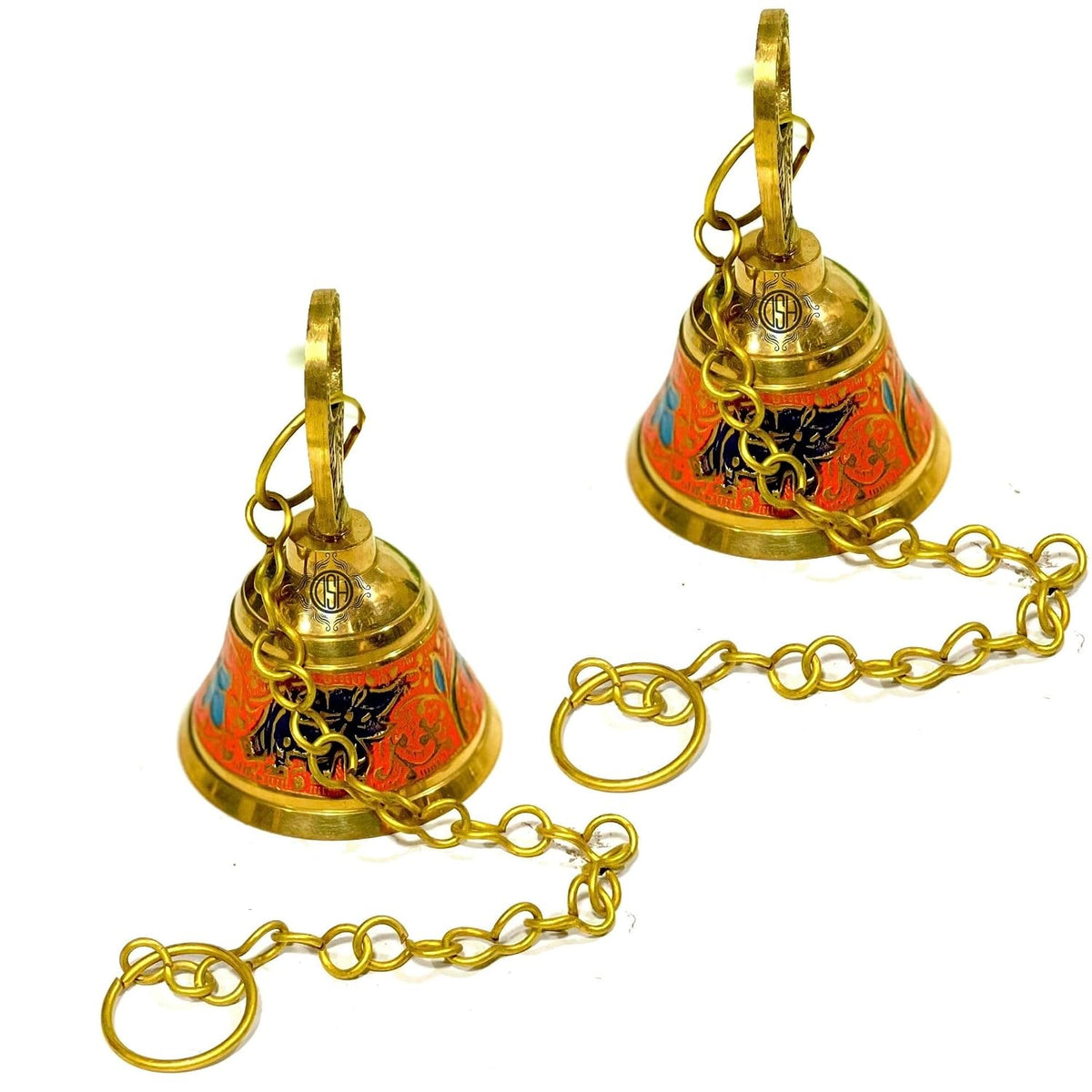 DSH Pure Brass Hanging Bell with Chain for Temple Mandir Door Home Decorative Ringing Bell (Orange, 2)