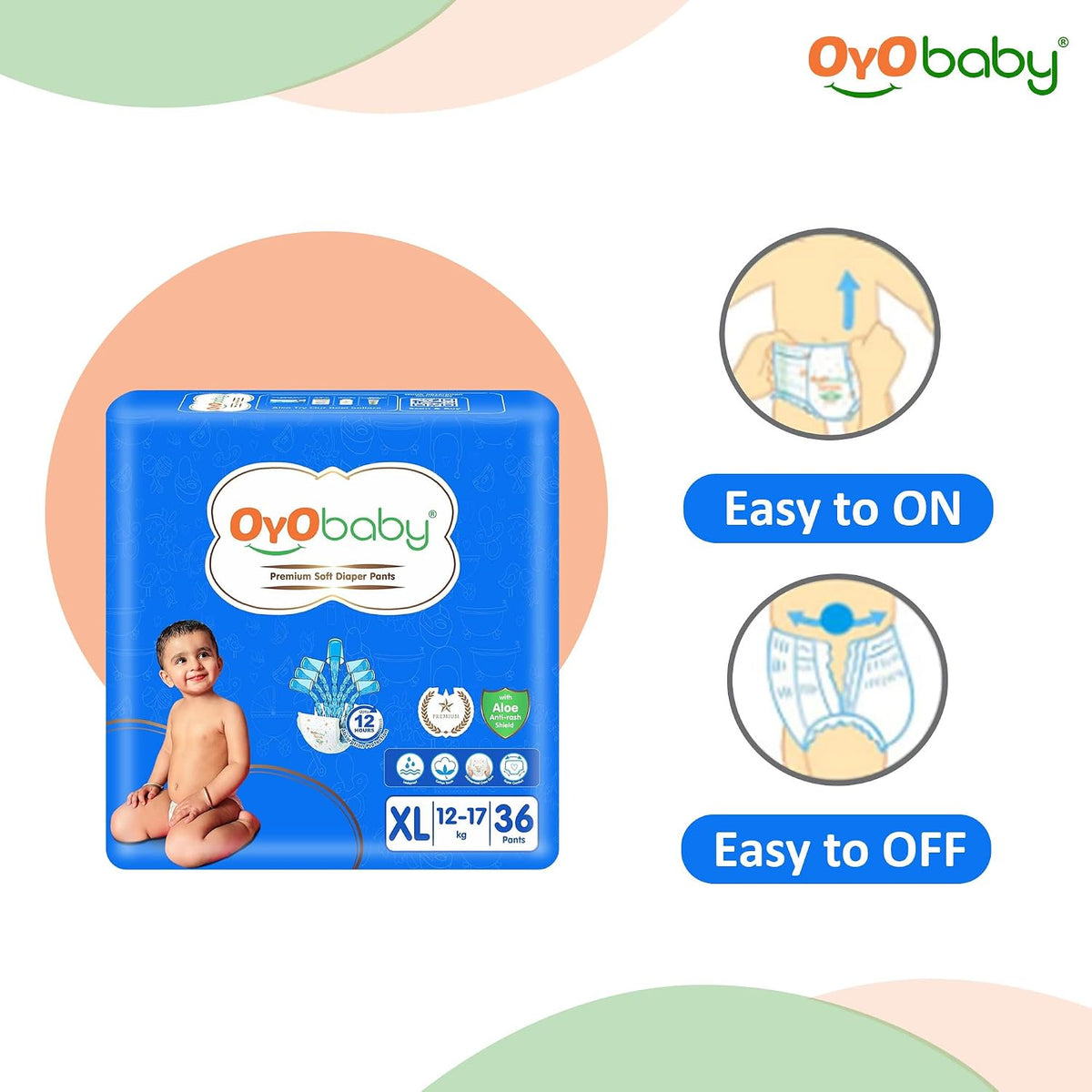 OYO BABY Pant Style Baby Diapers, Pack of 1 - X-Large (XL), 36Count, for Babies 12-17kg, with Aloe Vera Lotion for Rash Protection & Up to 12 Hours Protection