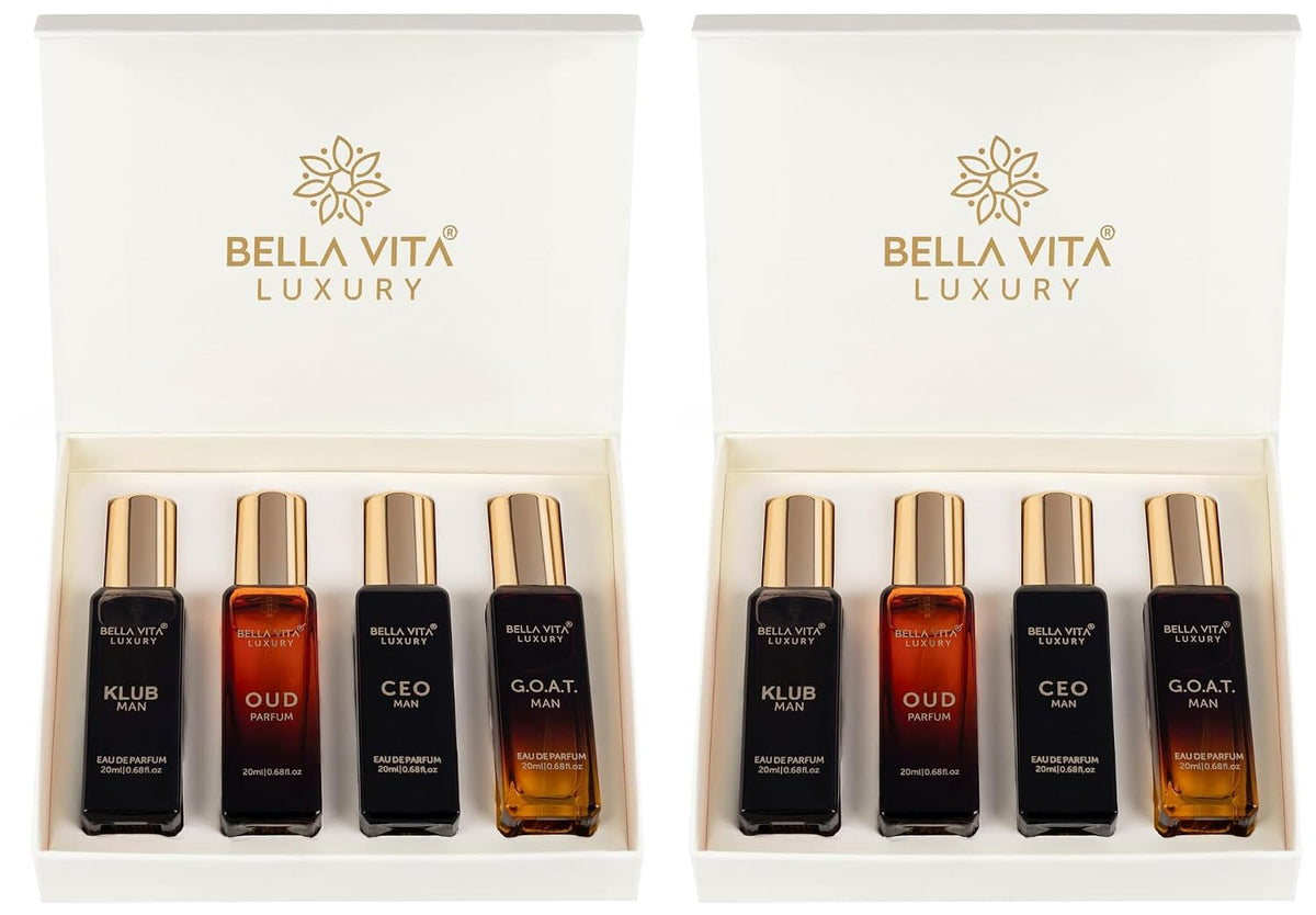 Bella Vita Luxury Men Vanilla Liquid Perfume Gift Set 4 X 20 Ml With Klub, Oud, Ceo, G.O.A.T Liquid Perfume | Woody, Citrusy Long Lasting Edp Fragrance Scent (Pack Of 2), 160 Millilitres