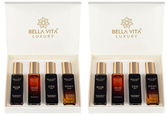 Bella Vita Luxury Men Vanilla Liquid Perfume Gift Set 4 X 20 Ml With Klub, Oud, Ceo, G.O.A.T Liquid Perfume | Woody, Citrusy Long Lasting Edp Fragrance Scent (Pack Of 2), 160 Millilitres