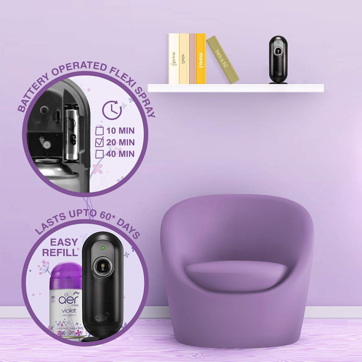 Godrej aer Matic, Automatic Air Freshener Spray Kit With Flexi Control-Violet Valley Bloom(225 Ml), 1 Count