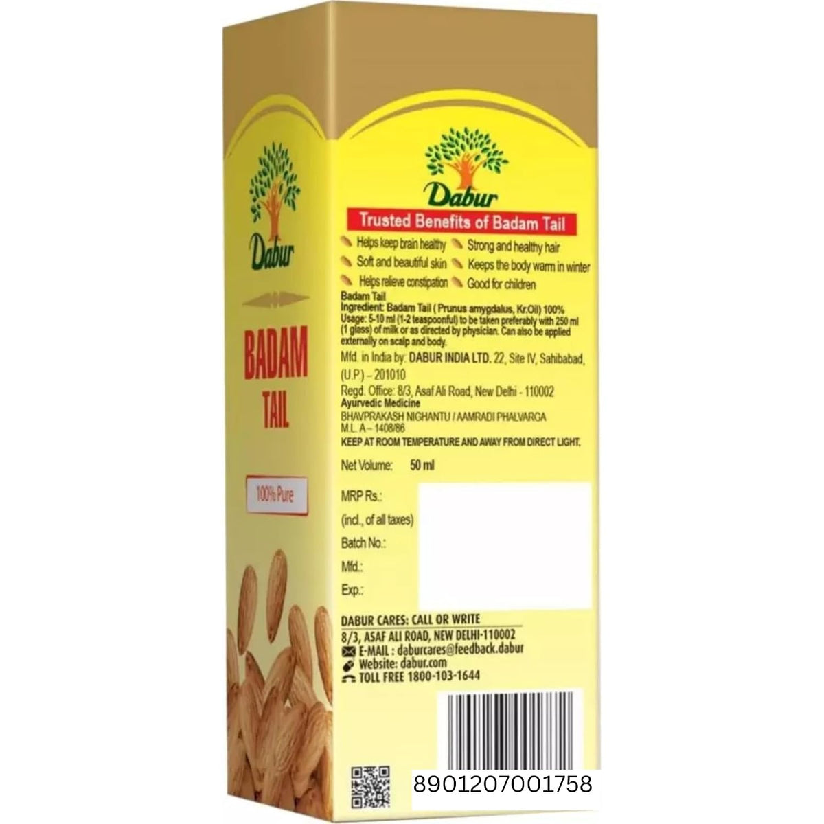 Dabur Badam Tail: Sweet Almond Oil | Rich in Vitamin - E for Healthy Skin, Hair and Body - 100ml