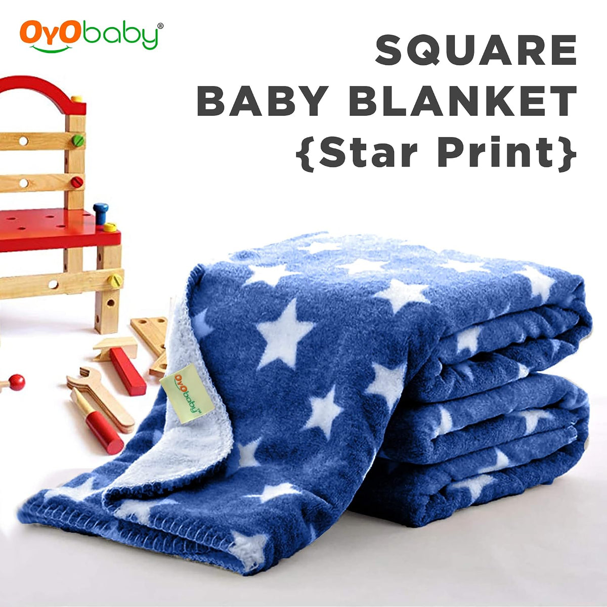 OYO BABY Baby Square Blankets Combo | for New Born Babies Baby Boys, Baby Girls, Babies for 0-6 Months, Fleece, Skin Friendly, 2 Blankets (Star Grey + Star Dark Blue)