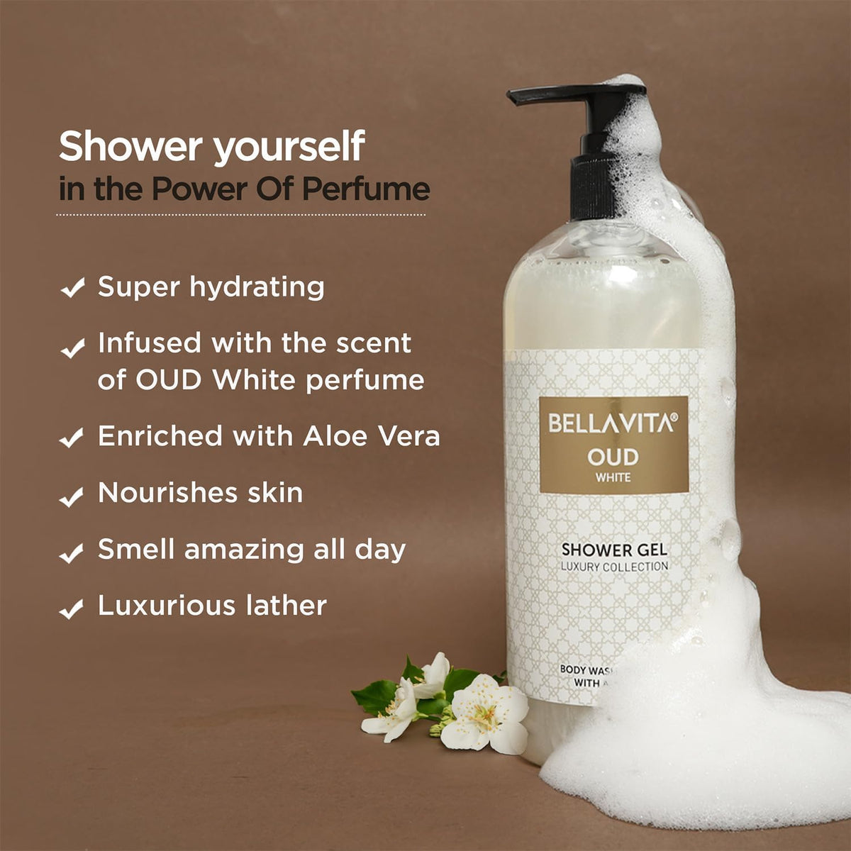 Bella Vita Luxury OUD WHITE Body Wash Refreshing Shower Gel for Deep Cleansing, Hydrating, Moisturising, Softer & Smoother Skin with Aloe Vera 500 ml