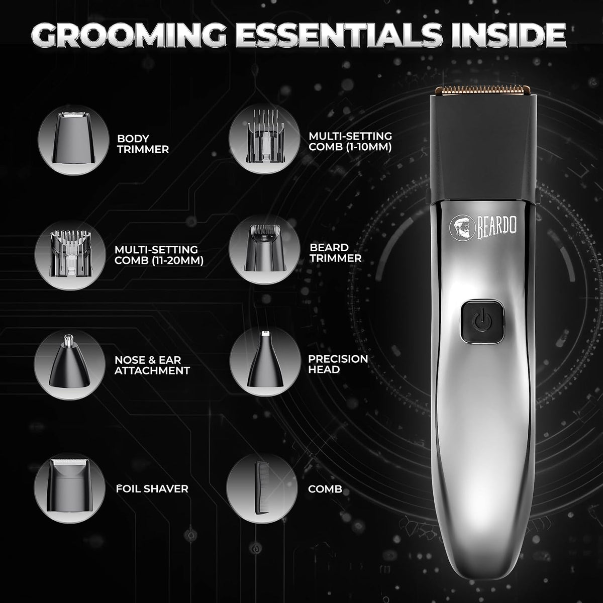Beardo Chrome Beast Multipurpose Full Body Groomer Trimmer Set For Men | 40 Length Settings | 8 attachments | Beard/Hair/Body/Precision/Ear/Nose Trimmer|With Dock|90 min. run time | All-in-1 trimmer