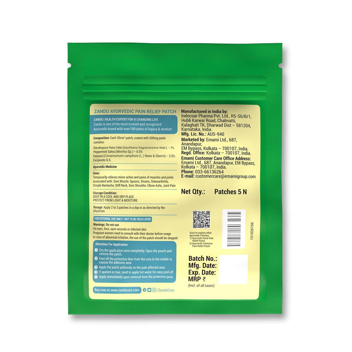 Zandu Ayurvedic Pain Relief Patch (Pack of 5 Patches) - A Specially Designed Pain Patch for Reducing Joint & Muscular Pain | Helps Provides Relief From Pain Associated with Osteoarthritis & Back Pain