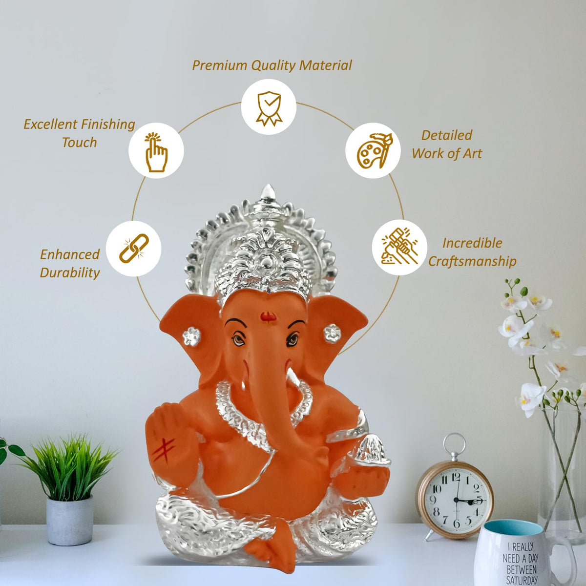 DIVINITI 999 Silver Plated Ganesh Idol for Office Desk Puja Room God Ganesha Idol for Home Decor Ganpati for Gift Office Table Shelves Gifting Idol (8.89 x 5.08 cm) (Mango Yellow), Religious