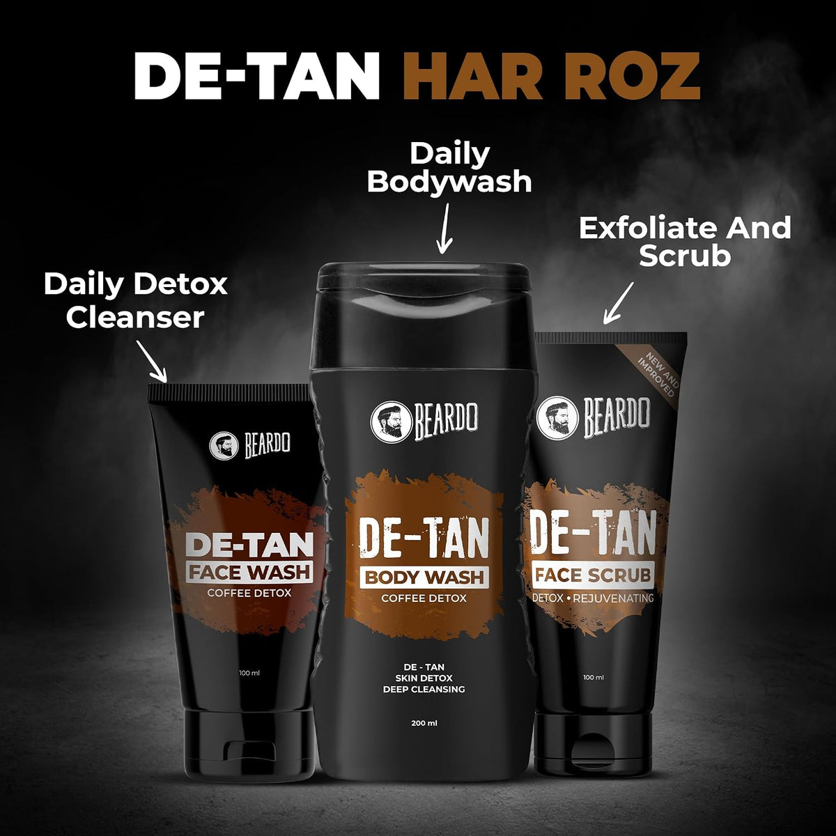 Beardo Detan Combo For Men (Set of 3) | Detan Face Wash & Detan Scrub & Detan Body Wash with Powerful Coffee Extract for Tan Removal | Hydrates & Exfoliates Men's Skin for Oil Control