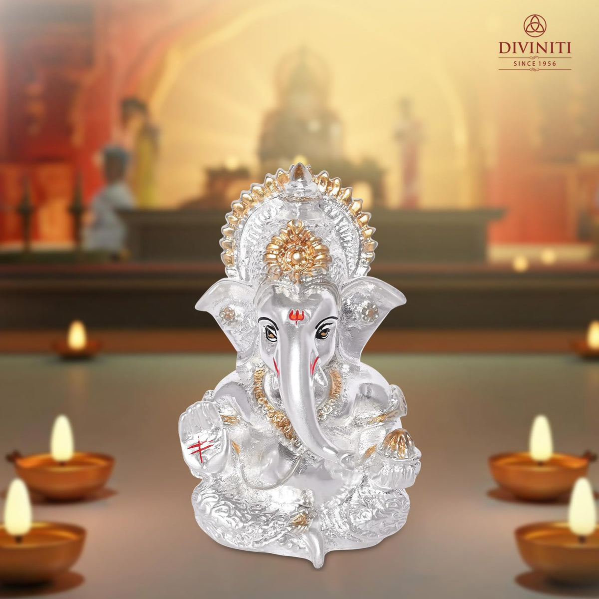 DIVINITI 999 Silver Plated Ganesha/Vinayaka/Vinayagar Idol for Car Dashboard Gifting/Ganesh Statue for Office Desk Puja Room Figurine 3.5 inches (8.89 x 5.08 cm)(Silver Matte), Religious