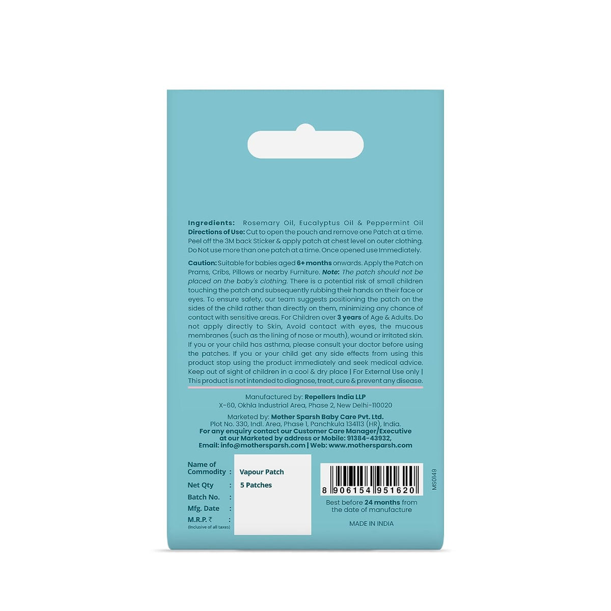 Mother Sparsh Natural Vapour Patches For Kids With Eucalyptus Oil, Peppermint Oil & Thymol Crystal (Camphor Free) | Quick Relief from Runny Nose & Nasal Congestion | Lasts Upto 8 Hrs-(Pack of 5)