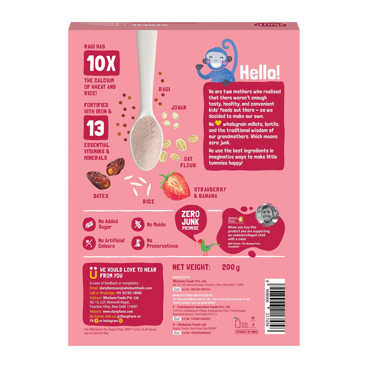 Slurrp Farm Cereal, Ragi, Rice and Strawberry with Milk, Instant Healthy Food, NO Added Sugar, Mildly Sweetened with Date Powder