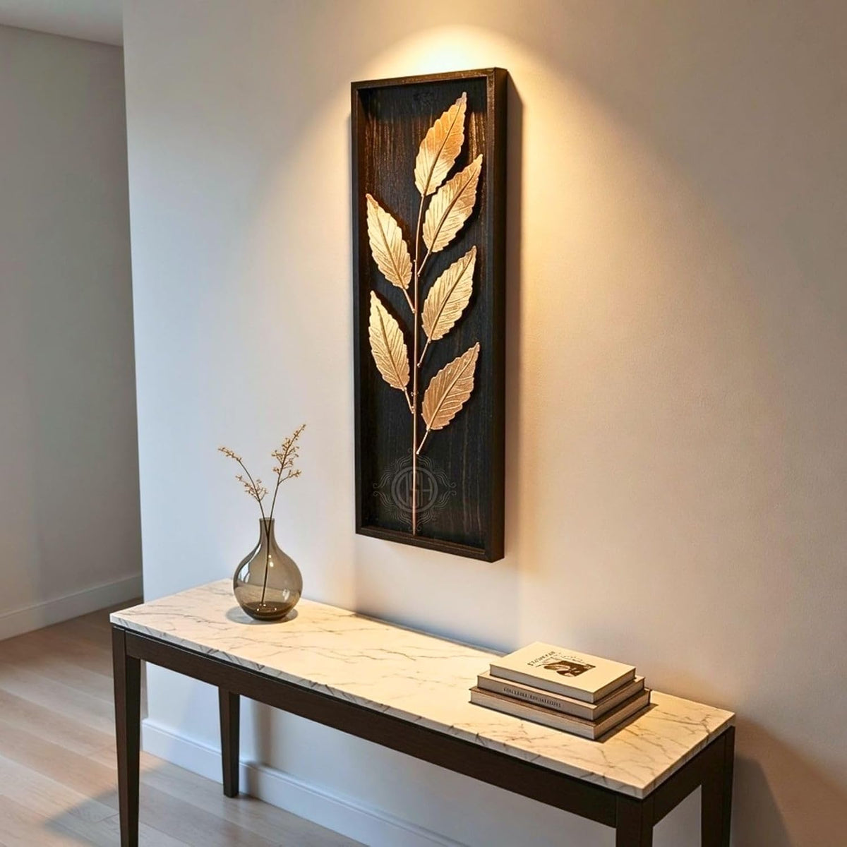 DSH Leaf Wall Art Panels Modern Rustic Home Décor Wall Hanging Sculpture for Living Room, Bedroom & Office (45X15 CM) Decoration Item (Titan Leaf, 1 Frame)