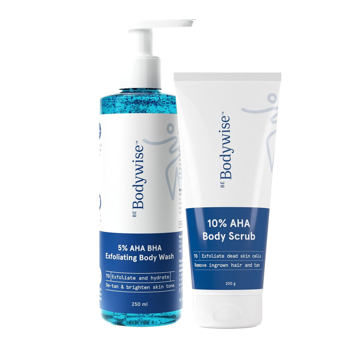 Be Bodywise 5% AHA BHA Detan Exfoliating Body Wash(250ml) & 10% AHA BHA Body Bathing Scrub(300g) | Reduces Strawberry Skin, Tan & Body Acne | Lactic Acid, Glycolic Acid & Shea Butter | All Skin Types
