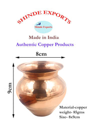 SHINDE EXPORTS Small Size Copper tamba lota Kalash for puja Drinking Water Pooja (9cm 85gms)