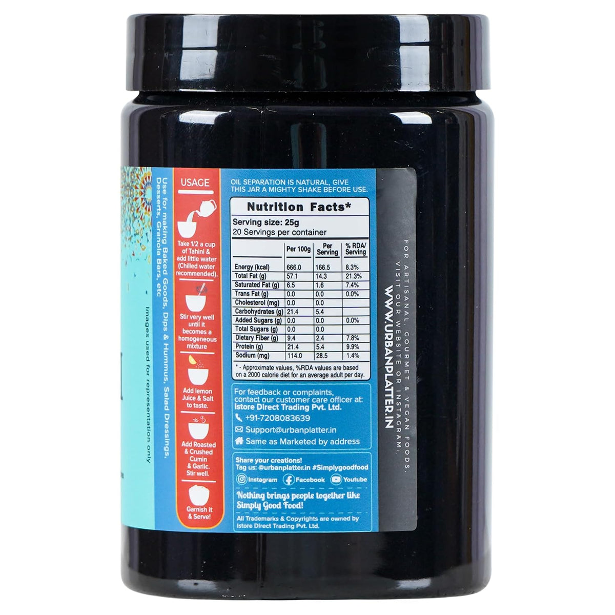 Urban Platter Black Tahini Paste, 500G (100% Pure Hulled Ground Black Sesame|Seed Butter|Pate De Sesame|Tahina|Add to Baked Goods, Dips & Hummus, Salad Dressings, Desserts, Granola Bars, Etc)