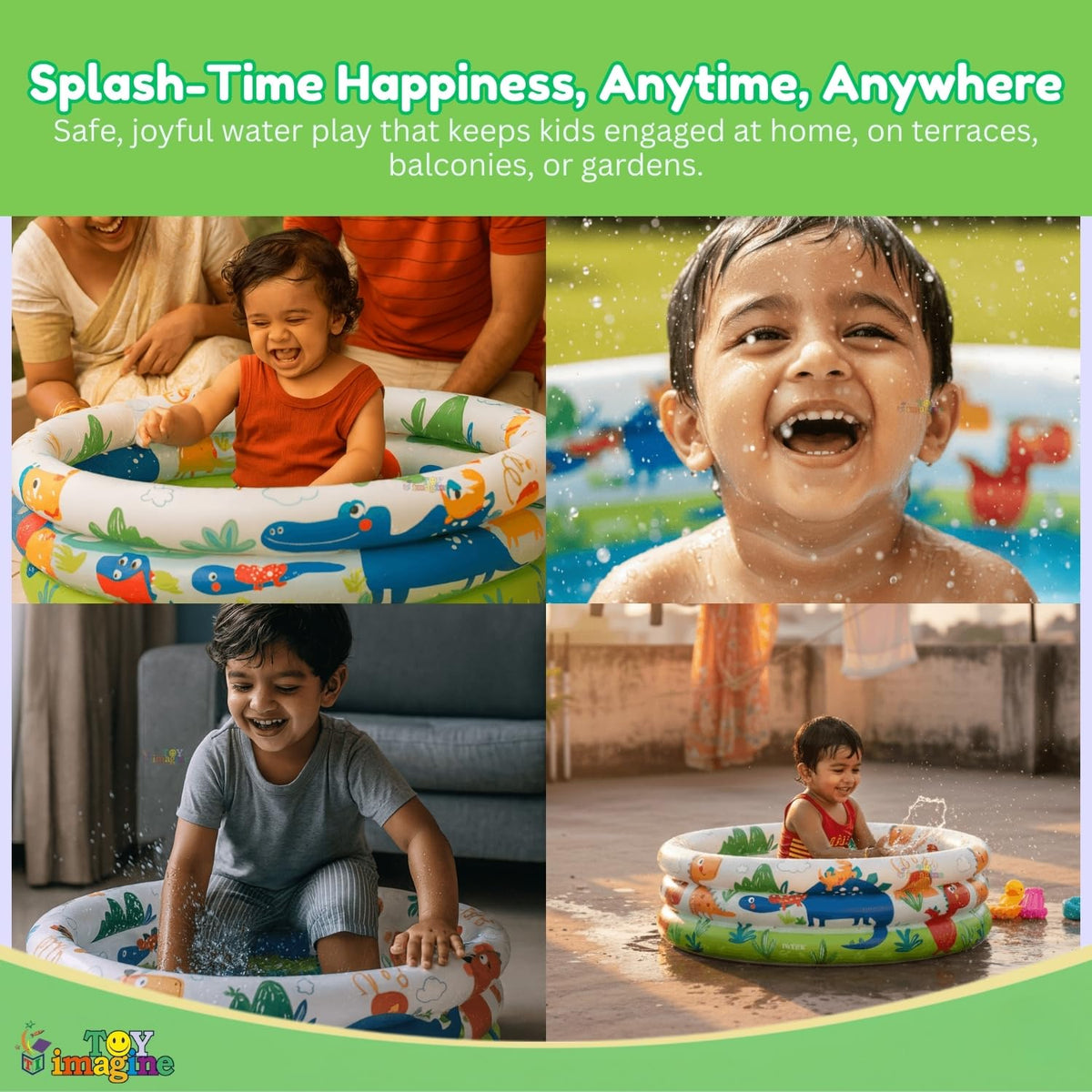 Toy Imagine Swimming Pool for Kids | 3-Ring Baby Bath Tub for Kids 3–6 Years | Portable Inflatable Kiddie Pool Indoor & Outdoor Water Fun | Perfect for Holi & Summer Play Dino Buddies (2 feet)