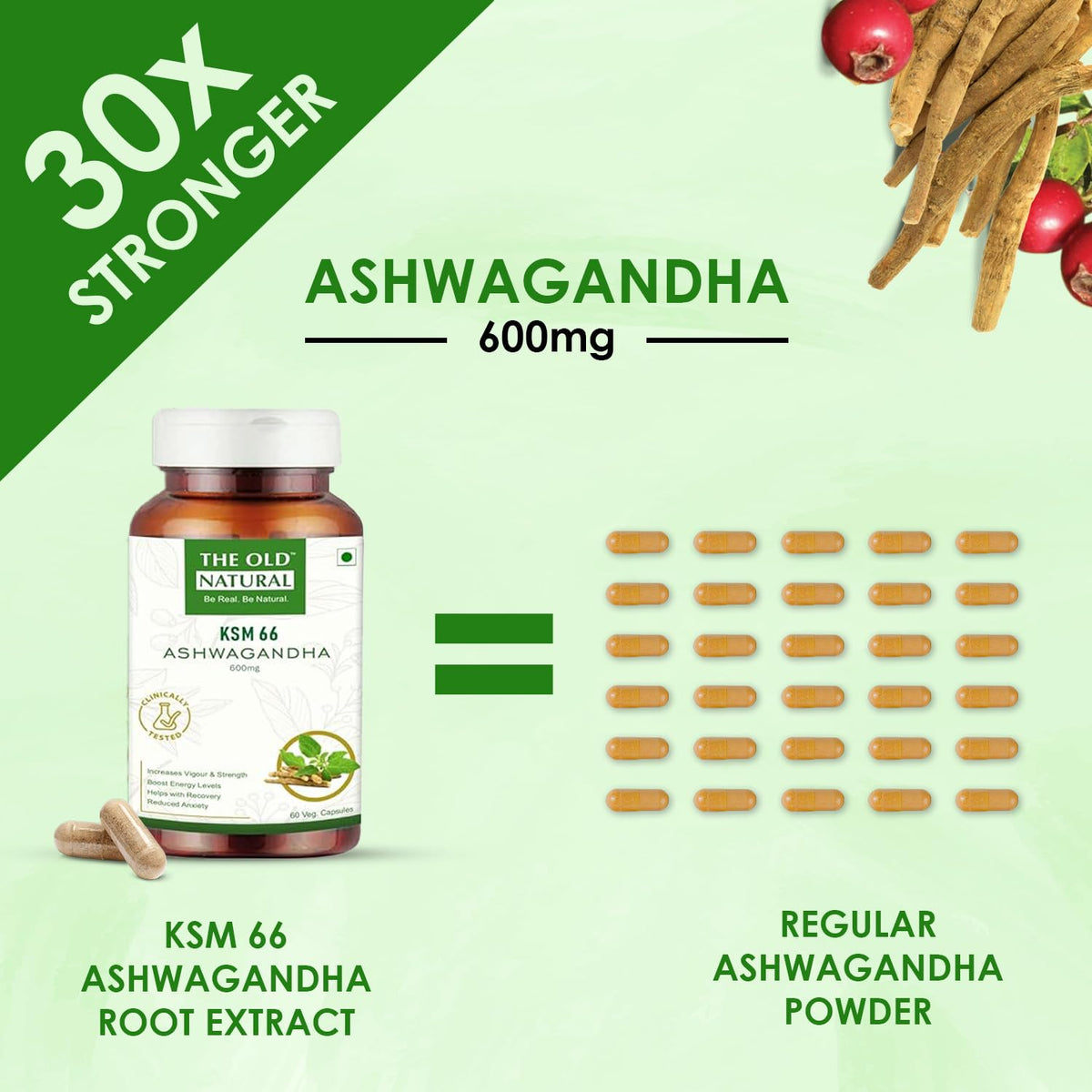 The Old Natural KSM-66 Ashwagandha 600 mg Veg Capsules | Extra Strength Natural Formulation | Support strength & energy | Withania Somnifera Extract - 60 Vegetarian Capsules