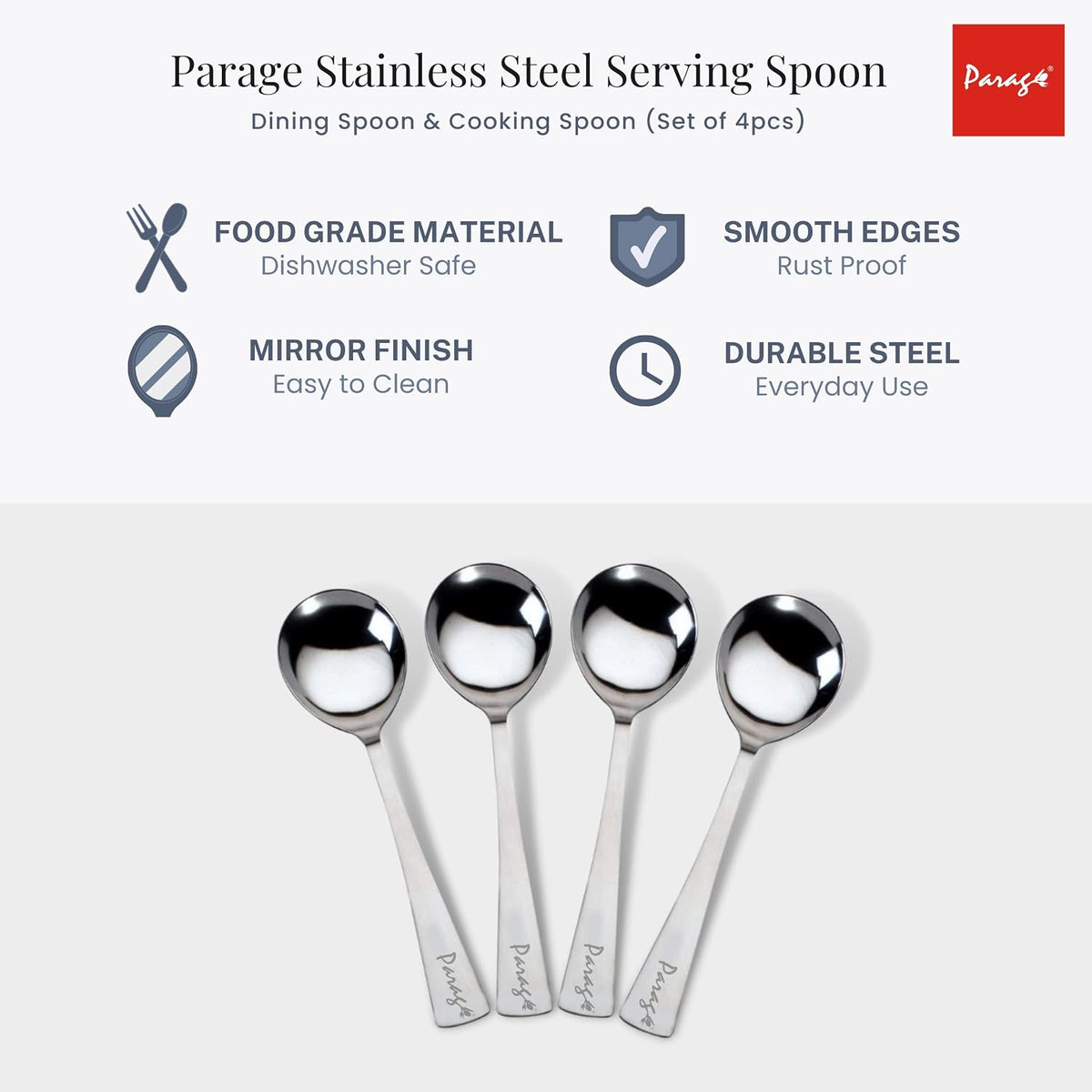 Parage 4 Pieces Stainless Steel Serving Spoon Set for Dining Table/Kitchen, Big Cooking Spoons Set, 21 cm Length Chamcha, Dining Tableware Set of 4, Silver