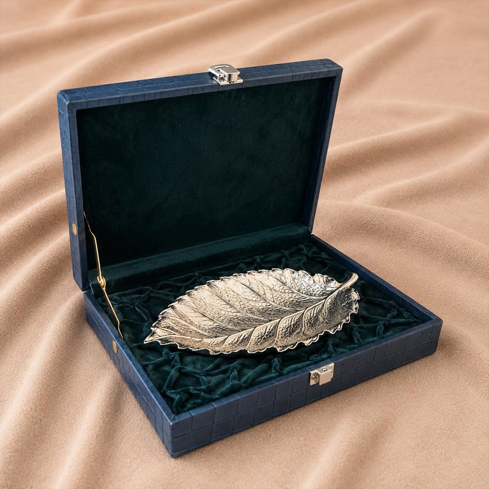Diviniti Silver Plated Leaf Decorative Tray | Multipurpose Serving & Display Tray for Home Décor, Coffee Table, Dining Table, Vanity & Gifting | Luxury Metal Leaf Platter