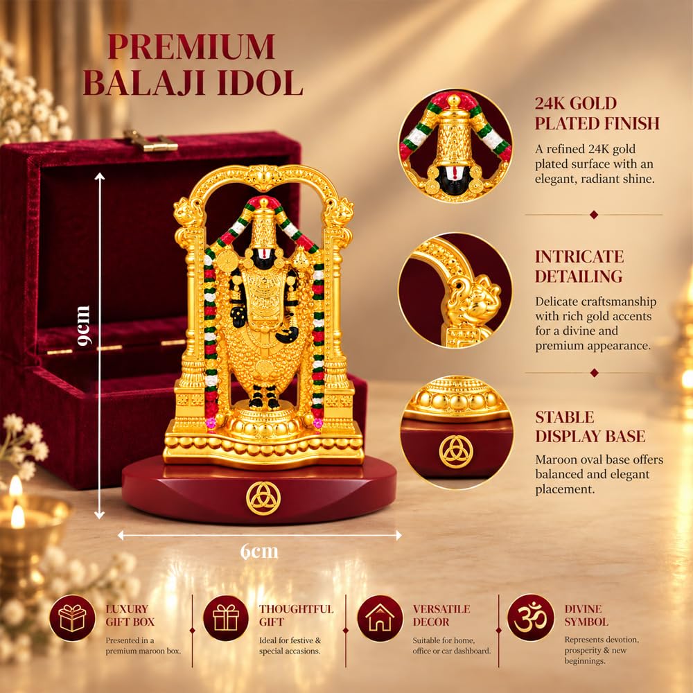 DIVINITI 24K Gold-Plated Tirupati Balaji Idol | Lord Venkateswara Swamy Showpiece with Intricate Temple Design, Decorative Base & Premium Gift Box | Home, Mandir, Office & Gifting | 9 x 6 cm