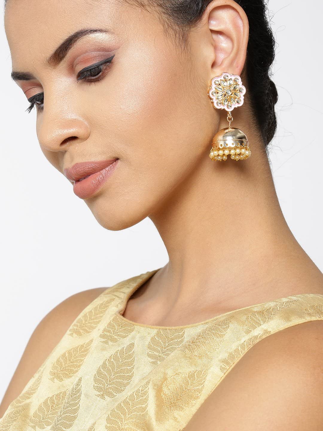 Priyaasi Gold-Plated Kundan Studded Floral Patterned Meenakari Jhumka Earrings in Pink Color with Pearls Drop