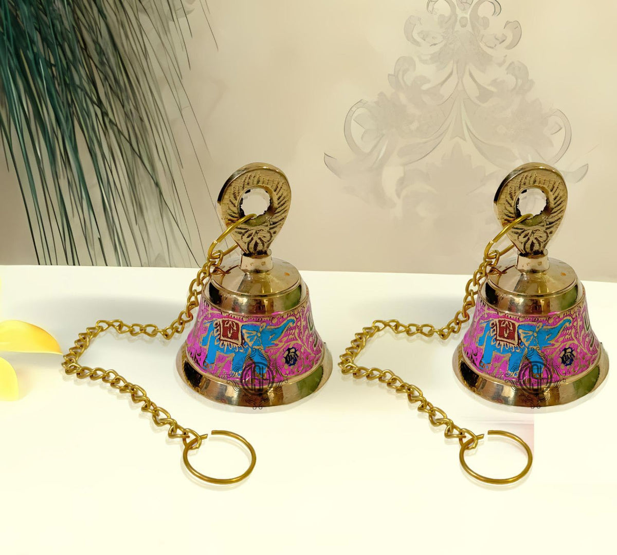 DSH Handcrafted Brass Temple Hanging Bell with Chain Home Mandir Decoration Ghanti for Pooja with Deep Sound (Pink, H-4 Inch)