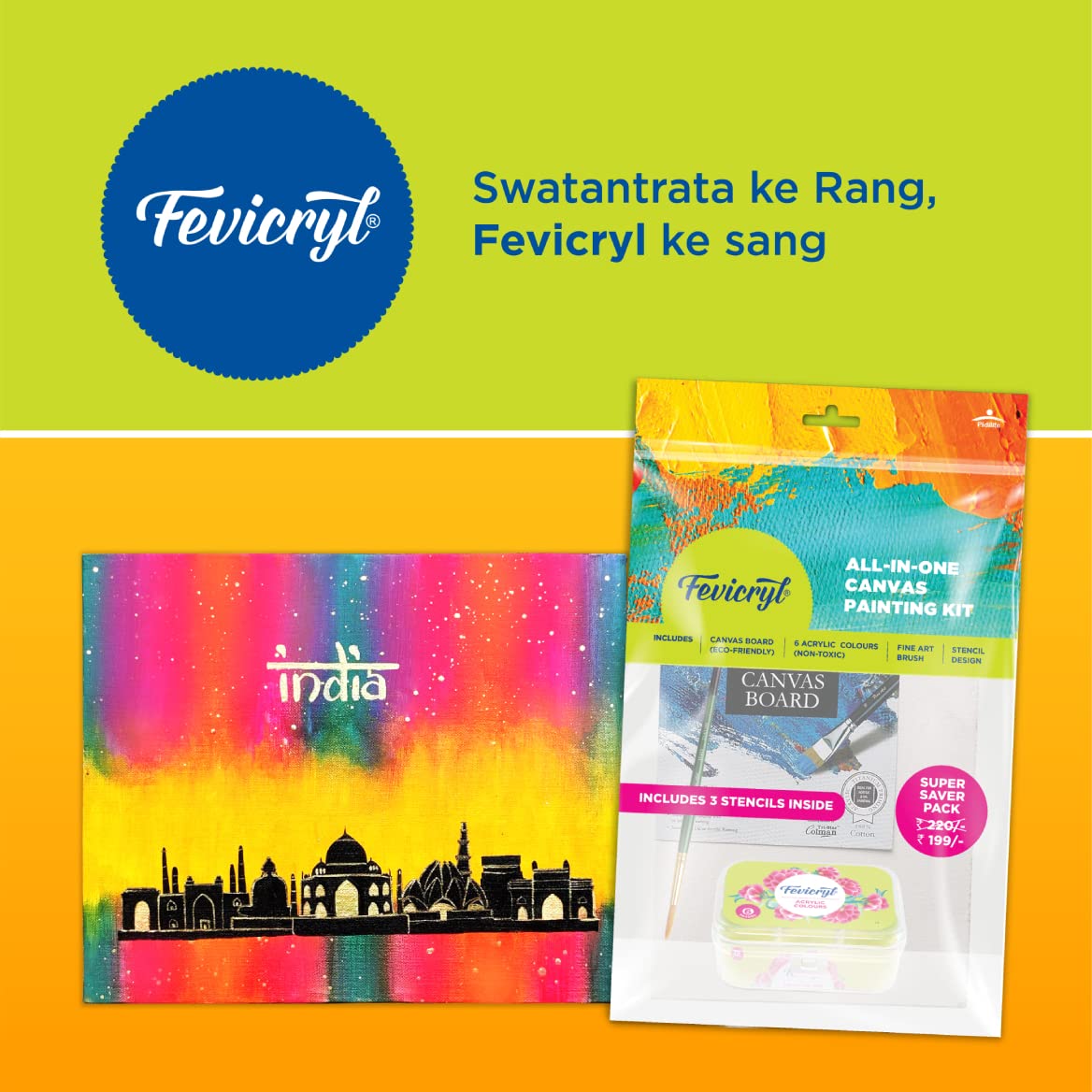 Fevicryl All in One Canvas Kit with 1 Canvas, 1 Brush, 1 Acrylic Colour Kit, Stencils | Pack of 2 Sets | DIY Art & Craft Kit | Ideal Painting Gift Set for Artists, Students, Hobbyists
