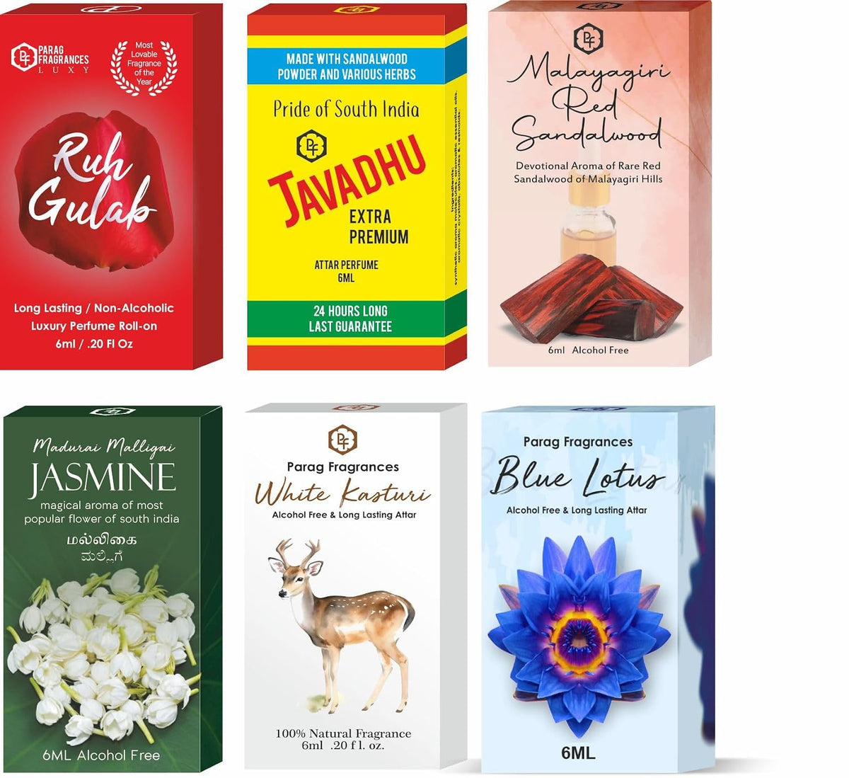 Parag Fragrances Top 6 Pooja Attar Combo Pack of 6ml × 6pc (Ruh Gulab,Javadhu,Malayagiri Red Sanadalwood,Jasmine,White Kasturi,Blue Lotus)
