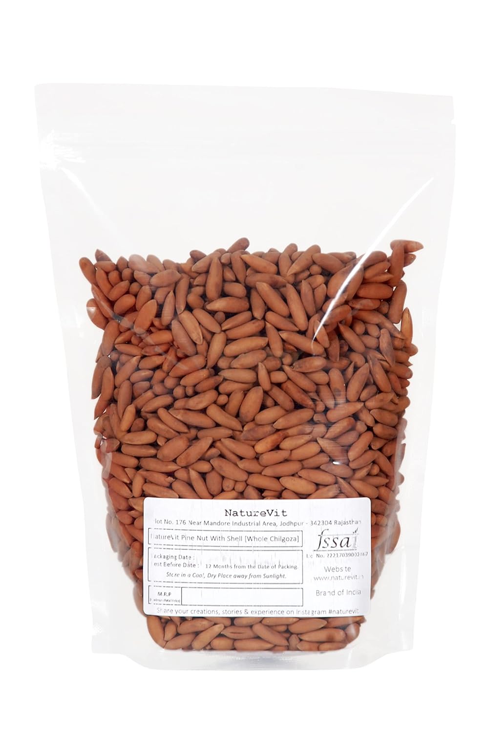NatureVit Pine Nut with Shell, 100g | Whole Chilgoza | Chilgoja Seeds | Jumbo Size | Pure, Natural & Premium