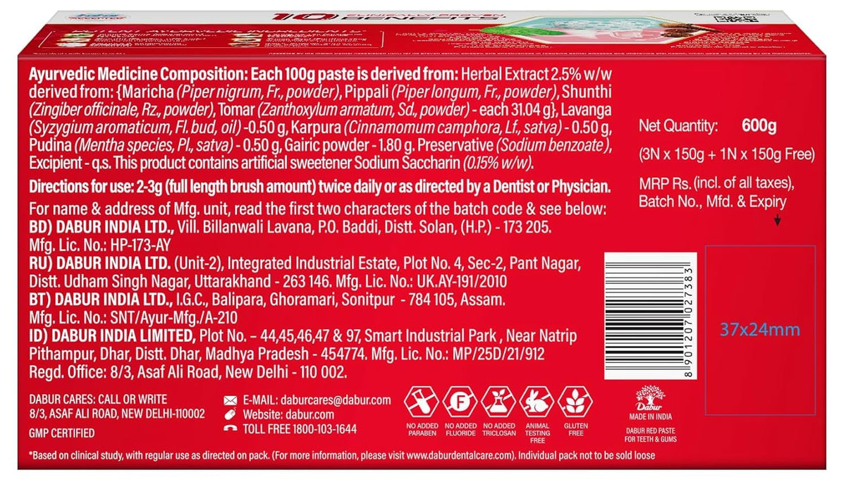 Dabur Red 600g (150g x 4, Pack of 4) Toothpaste - India's No.1 Ayurvedic Paste, Provides Protection Plaque Removal, Toothache, Yellow Teeth, Bad Breath