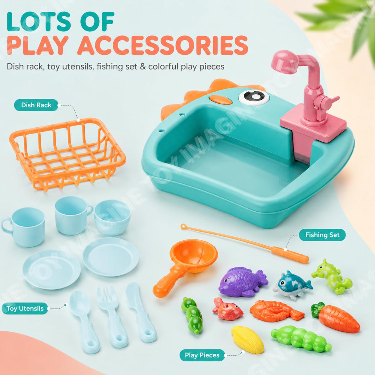 Toy Imagine 2-in-1 Electric Dinosaur Kitchen Sink Play Set for Kids, Recycling Running Water Faucet with Fishing Game, Pretend Dishwashing Toy with Utensils & Accessories for Boys & Girls Ages 3+