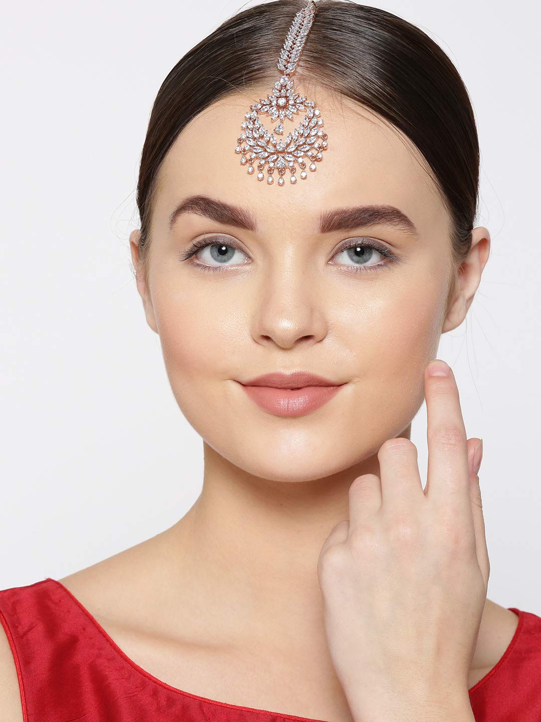 Priyaasi Rose Gold-Plated American Diamond Studded Chandbali Style Maang Tikka