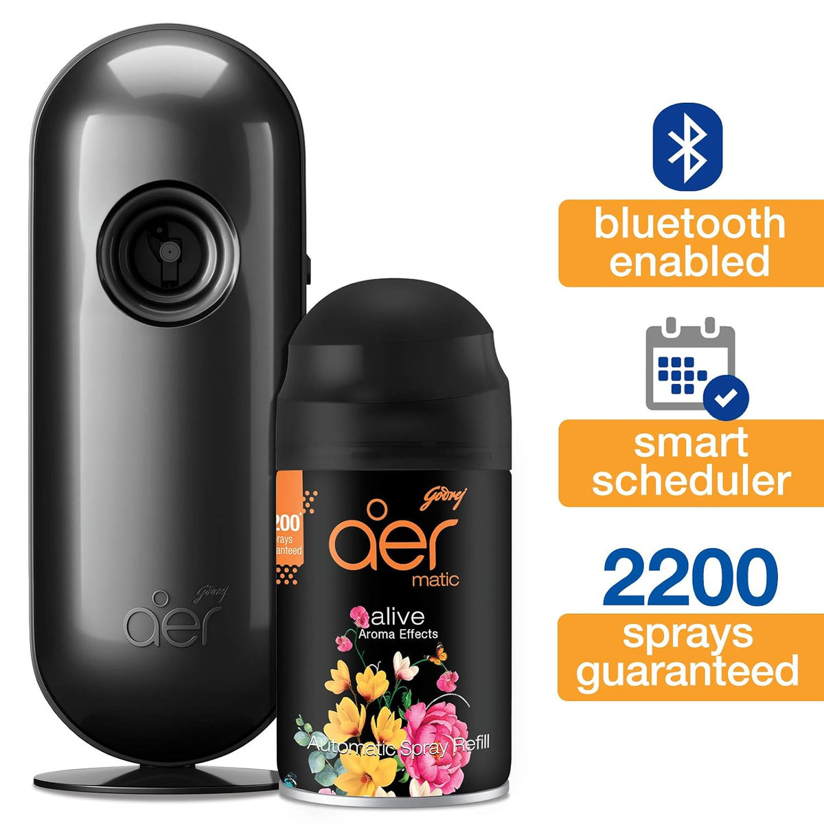 Godrej aer Smart Matic Kit (Machine + 1 Refill) - BLUETOOTH ENABLED - Automatic Room Fresheners | Alive | 2000 Sprays Guaranteed | Lasts up to 60 days (225ml)