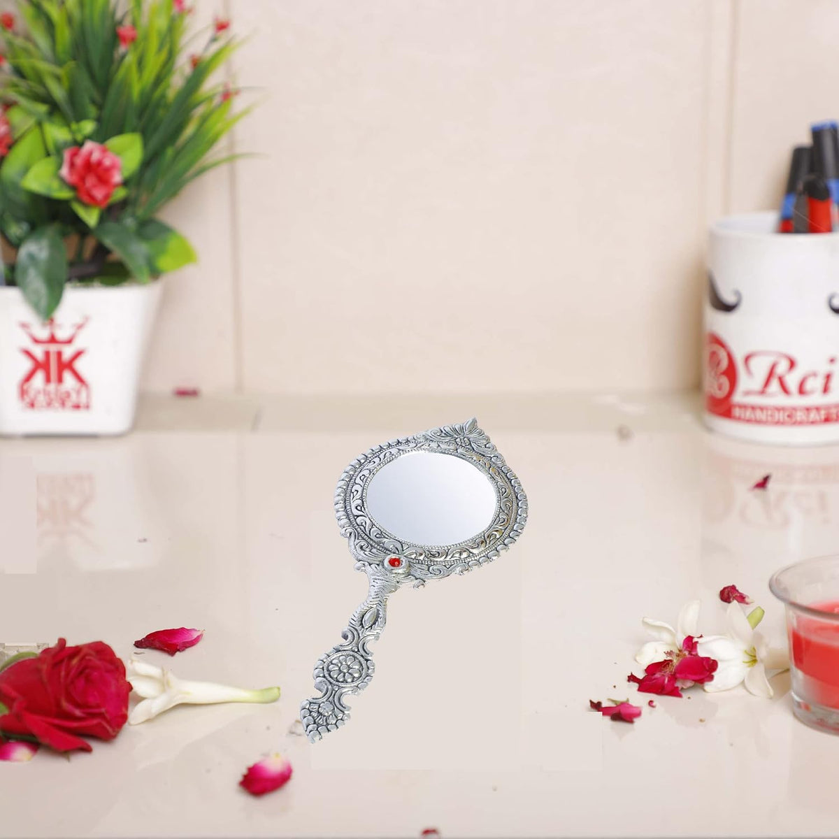 KridayKraft Beautifully Carved Round Shape Silver Plating Hand Mirror for Makeup, Travelling, Salon Mirror & Decorative Mirror Antique Item for Wedding Gifts.