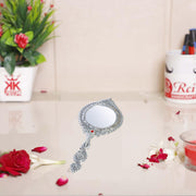 KridayKraft Beautifully Carved Round Shape Silver Plating Hand Mirror for Makeup, Travelling, Salon Mirror & Decorative Mirror Antique Item for Wedding Gifts.