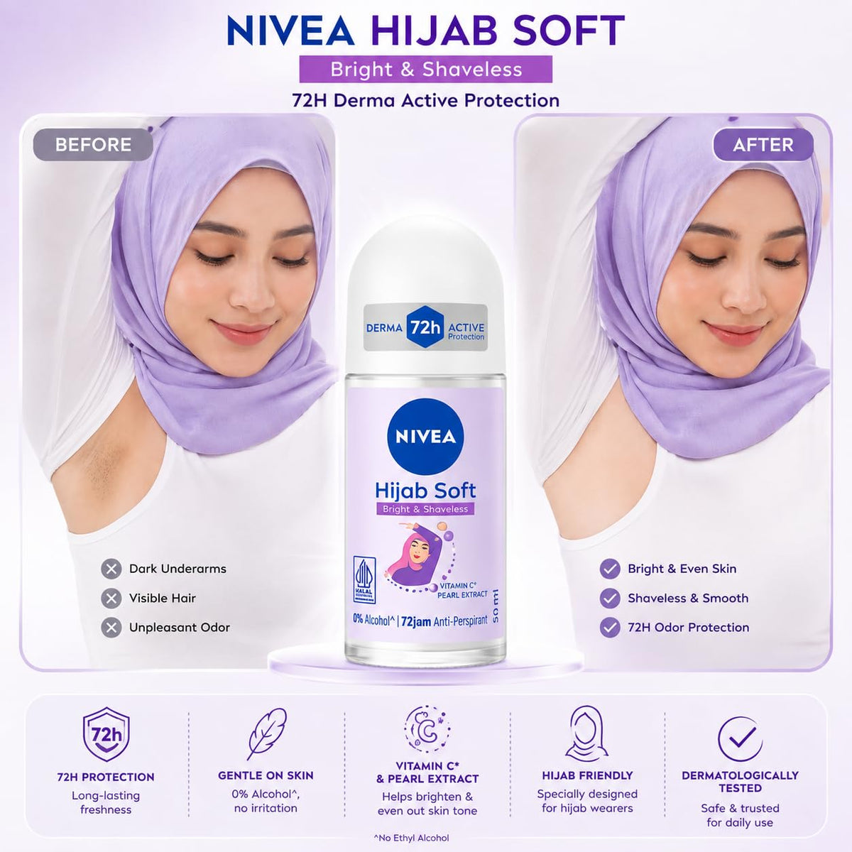 NIVEA Hijab Soft Bright & Shaveless Anti-Perspirant Roll-On for Women, 72H Protection, Vitamin C & Pearl Extract, 0% Alcohol, 50 ml