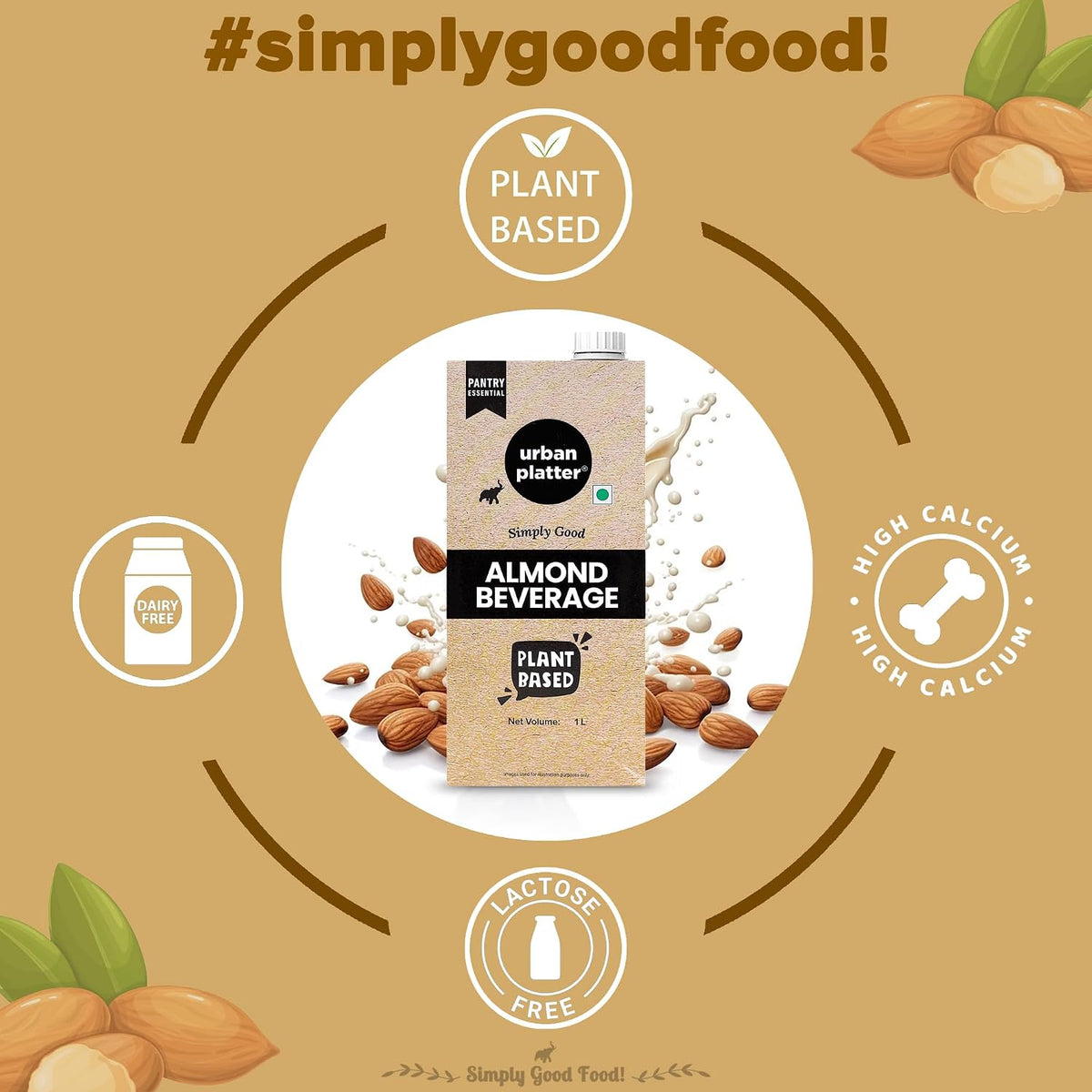 Urban Platter Almond Milk, 1 Litre (Unsweetened | Lactose-Free | Plant-Based Milk Alternative | Works Beautifully in Tea and Coffee)