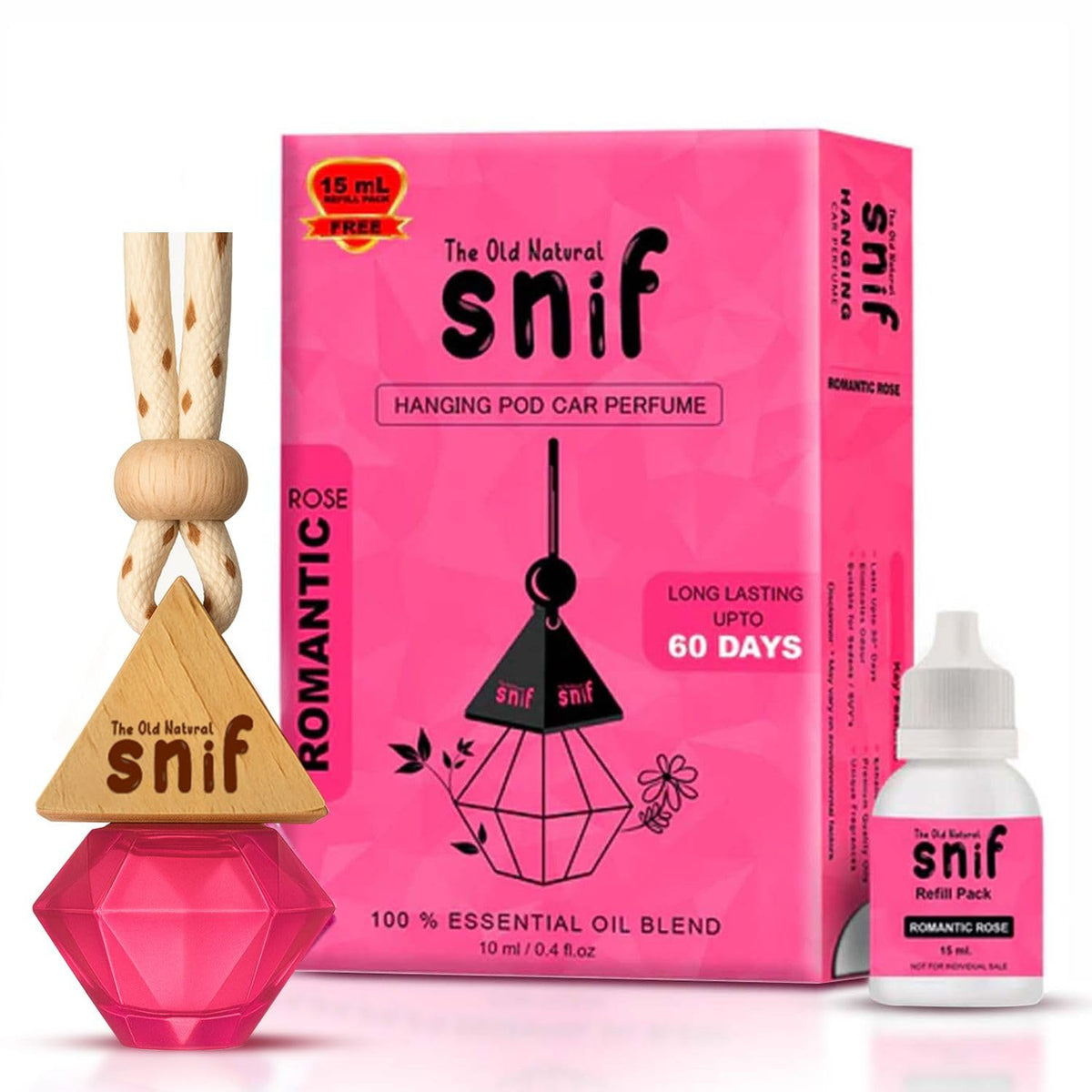 The Old Natural Snif Diamond Hanging oil Car Perfume | Car Air Freshener with Refill Pack (Romantic Rose 10ml + 15ml Refill Pack)